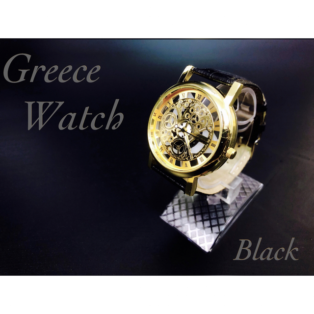 腕時計 スケルトンレザー　革ベルト ギリシャ文字 金フレーム 黒色　ブラック