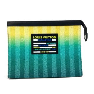 ルイヴィトン(LOUIS VUITTON)のルイヴィトン LOUIS VUITTON ポシェット ヴォワヤージュ MM M81317 ダミエ ストライプ セカンドバッグ クラッチバッグ ダミエキャンバス グリーン×イエロー 美品(セカンドバッグ/クラッチバッグ)