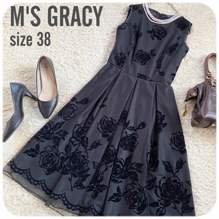 M'S GRACY - エムズグレイシー ベロア花柄 膝丈ワンピースドレス 38 ブラック シースルー