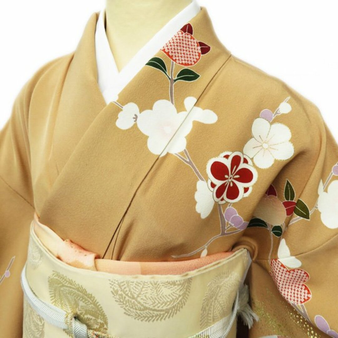 花の図 梅と橘 扇 金駒刺繍 伽羅色 着物 訪問着 A818-12 M【中古