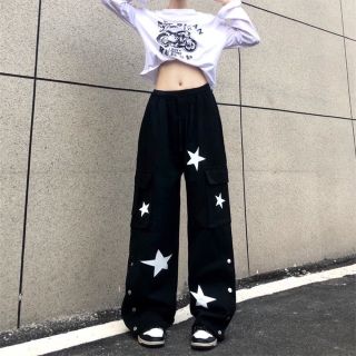 ワイド　パンツ　ワークパンツ　星柄　ペイント　サイドボタン付き　大きいサイズ(カジュアルパンツ)