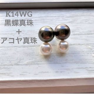 K14WG 黒蝶真珠+アコヤ真珠 コンビネーションピアス-