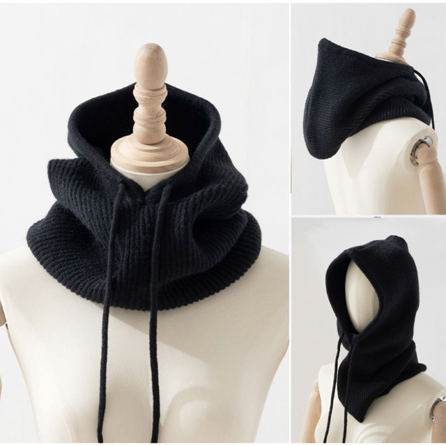 バラクラバ ニット帽 防寒 ネックウォーマー スヌード フード 韓国 ブラック レディースの帽子(ニット帽/ビーニー)の商品写真