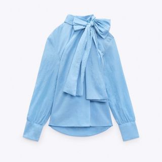 ザラ(ZARA)のZARA リボン付きシャツ 空色(シャツ/ブラウス(長袖/七分))