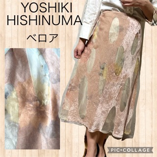 ヨシキ ヒシヌマ YOSHIKI HISINUMA ベロア　花柄　くすみピンク(ひざ丈スカート)