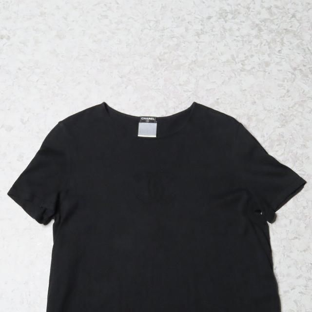 CHANELロゴ刺繍ニットTシャツ半袖トップス洋服黒ブラックシャネル 