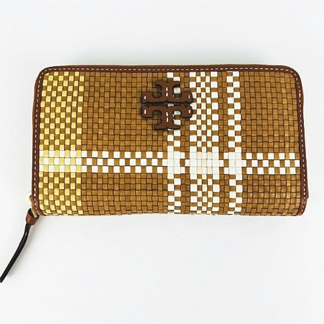 TORY BURCH コンチネンタル ラウンドファスナー 編み込み 長財布 茶