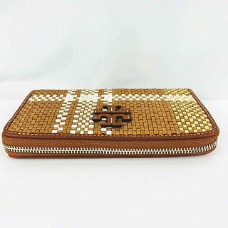 TORY BURCH コンチネンタル ラウンドファスナー 編み込み 長財布  茶