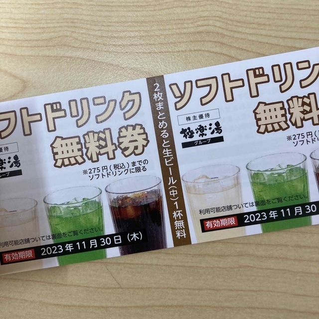 極楽湯6枚株主優待券とソフトドリンク券2枚 11月30日期限 - その他