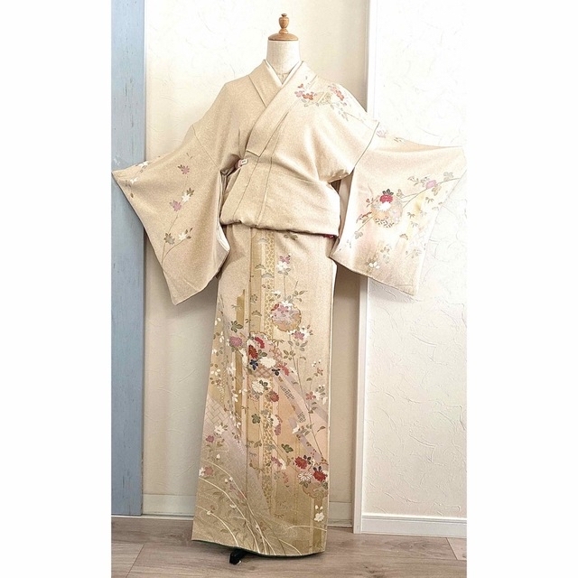 ✱ 上品 訪問着 花雪輪 熨斗 季節の花模様 正絹 霜降り 金箔 袷 広襟 ✱