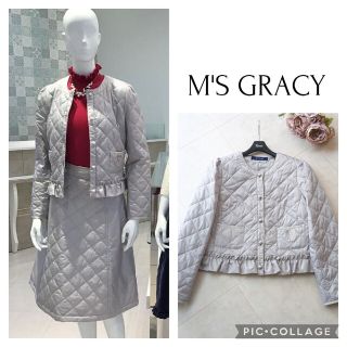 M'S GRACY ベルベット キルティング ノーカラーコート 総柄裏地 L