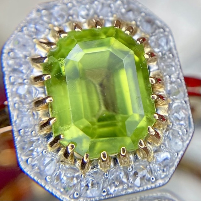 レディース天然ペリドット1.0ct ラフカットダイヤモンドK18 10号