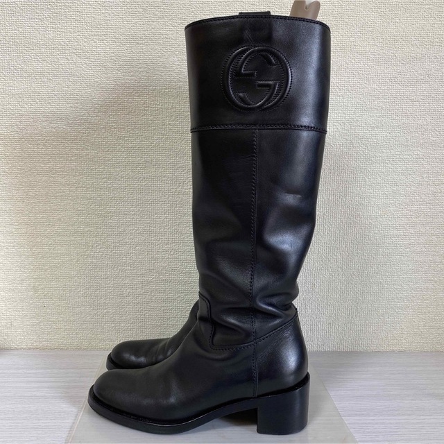 Gucci(グッチ)のGUCCI グッチ 24.0センチ インターロッキング ロング ブーツ 本革 黒 レディースの靴/シューズ(ブーツ)の商品写真