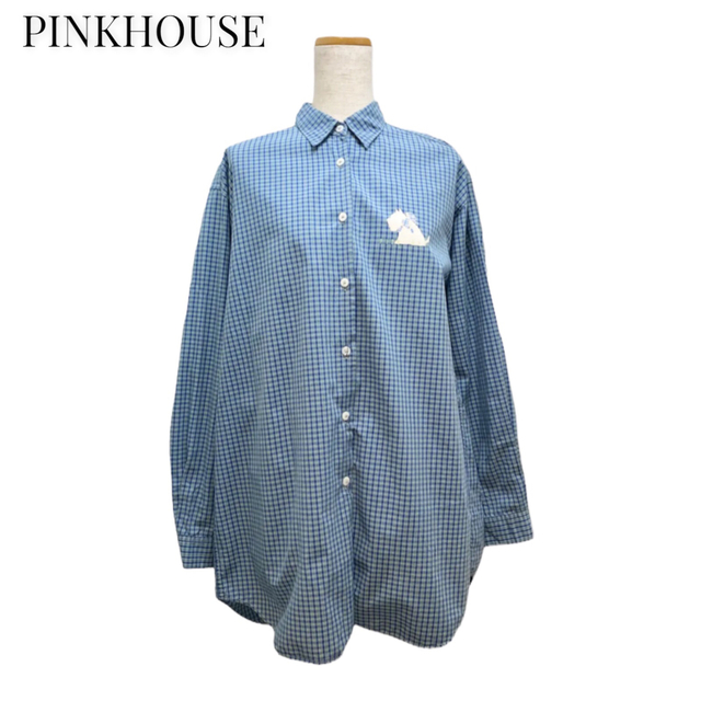 【PINK HOUSE】チェックブラウス　犬　ブルー　ピンクハウス