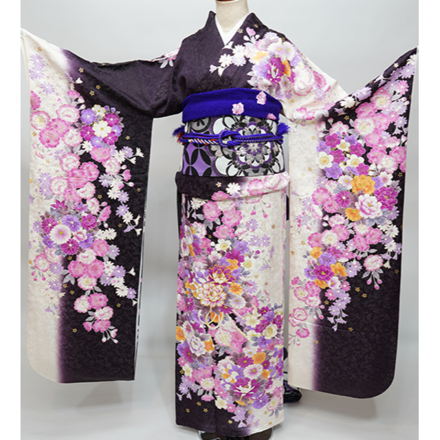 振袖 正絹 着物 単品 仕立て上がり ラメ 牡丹 桜 黒紫 NO38543