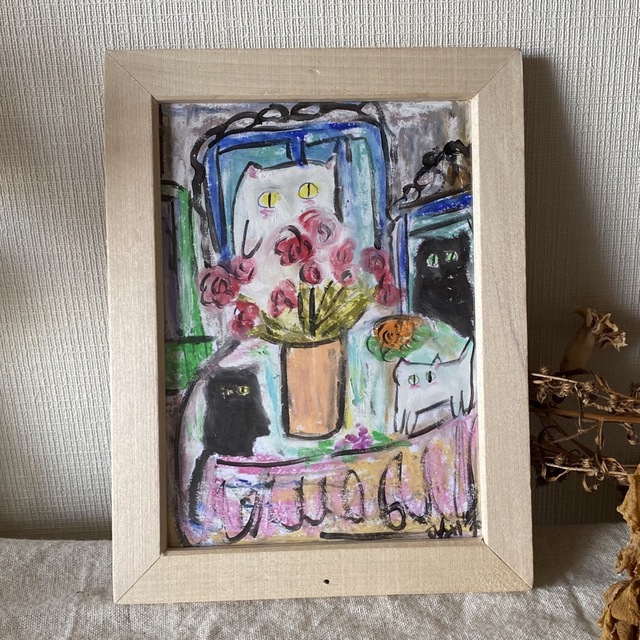 絵画 。手描き原画【猫たち、花のロマンチックなレストランのデート