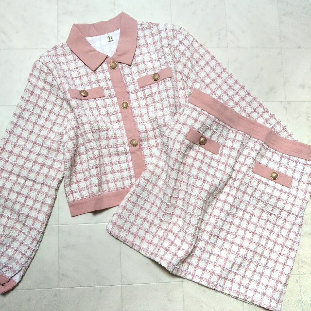 美品 ツイード セットアップ XL ピンク スーツ ジャケット スカート ステン