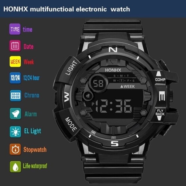 新品 送料無料 海外 HONHX 多機能 LED 腕時計デジタル ブラック