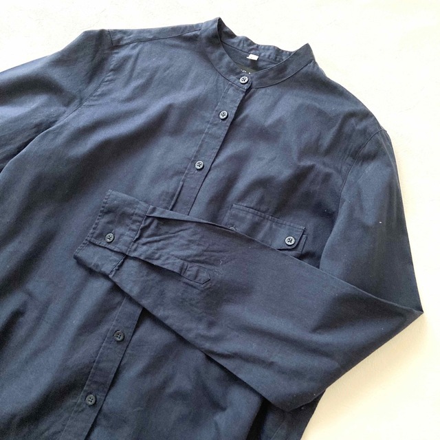 ●ハンティングワールド●バンドカラー長袖シャツ　イタリア製　ネイビー