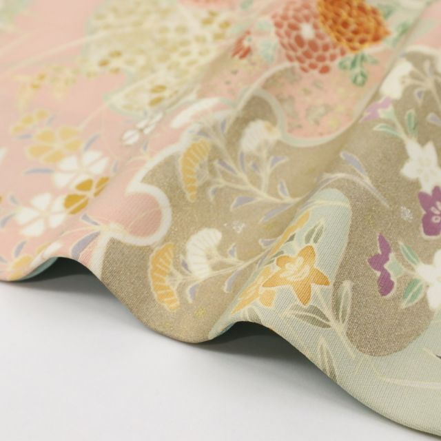 長尺*訪問着□重ね雪輪に四季の花々□濃淡グリーン◇袷正絹着物◇HG12