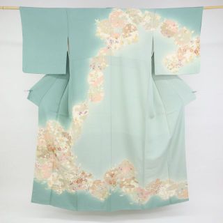 長尺*訪問着□重ね雪輪に四季の花々□濃淡グリーン◇袷正絹着物◇HG12