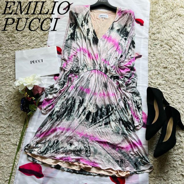 良品】EMILIO PUCCI ドルマンスリーブワンピース プッチ柄 38 最も優遇