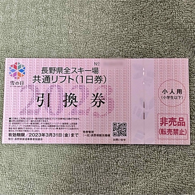 チケット長野県全スキー場共通リフト1日券こども用２枚