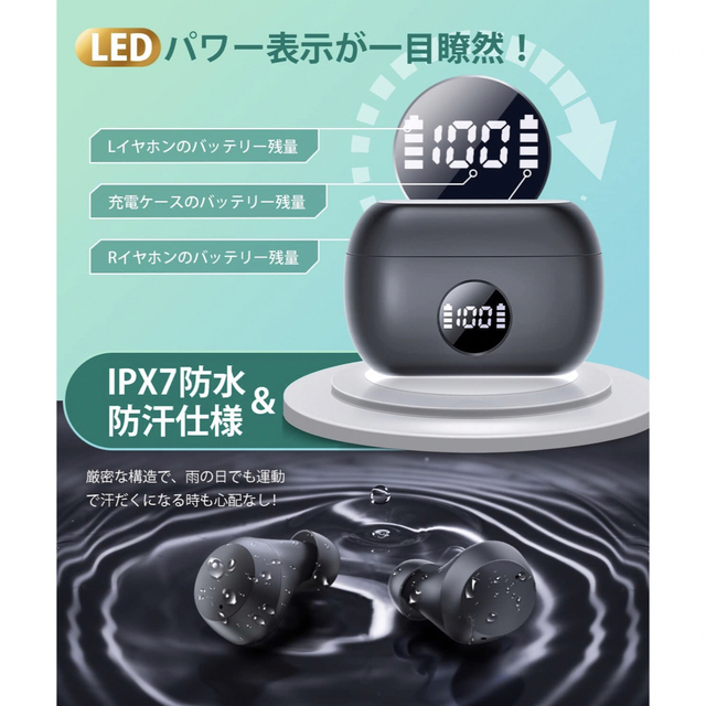 Bluetooth5.3 ワイヤレス　イヤホン　IPX7防水 スマホ/家電/カメラのオーディオ機器(ヘッドフォン/イヤフォン)の商品写真