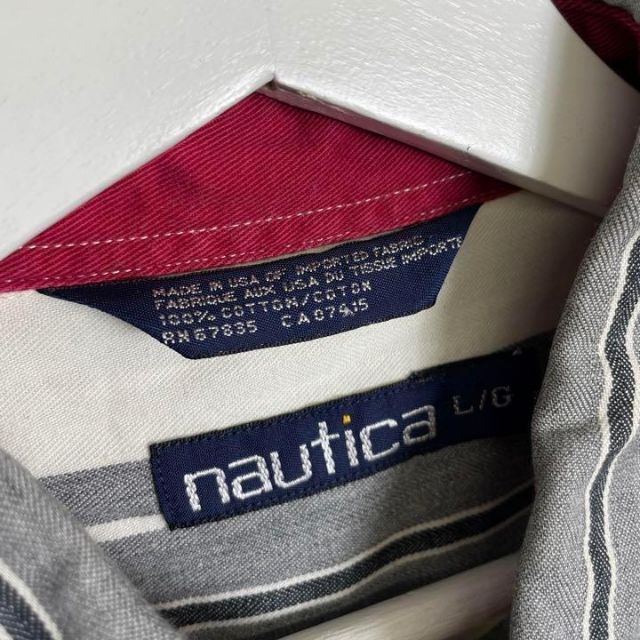 NAUTICA(ノーティカ)のノーティカ 90s 長袖ストライプシャツ グレー 白 ワンポイント コットン メンズのトップス(シャツ)の商品写真