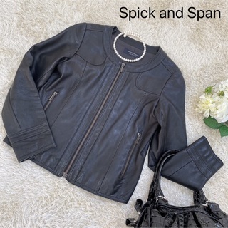 スピックアンドスパン(Spick & Span)のSpick and Span ノーカラー　柔らか　ラムレザー　ジャケット　黒(ノーカラージャケット)