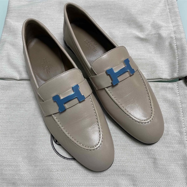 エルメス HERMES モカシン パリ ローファー フラットシューズ レザー ピンク シルバー 未使用  H金具