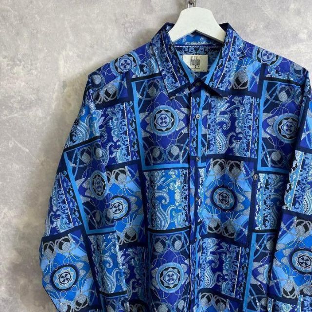 ビンテージデザイン総柄シャツ 90s 青 ブルー ペイズリー 花柄 チェーンシャツ