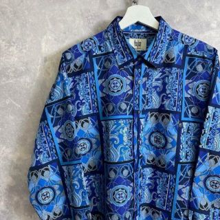 ビンテージデザイン総柄シャツ 90s 青 ブルー ペイズリー 花柄 チェーン(シャツ)