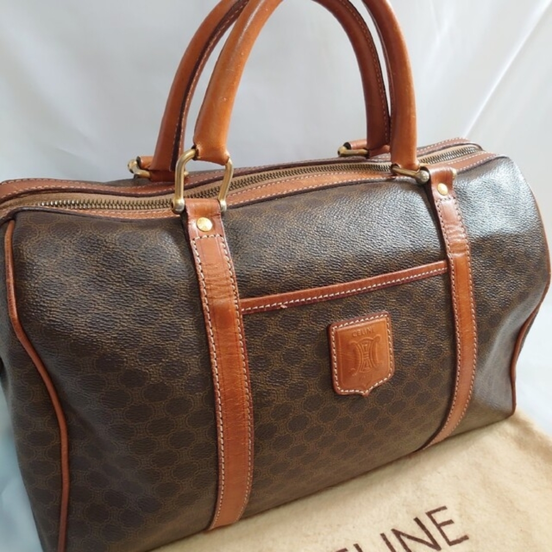 希少】CELINE マカダム柄 横25cm 2way ミニボストンバッグ BR 希少】CELINE マカダム柄 横25cm 2way ミニボストンバッグ BR