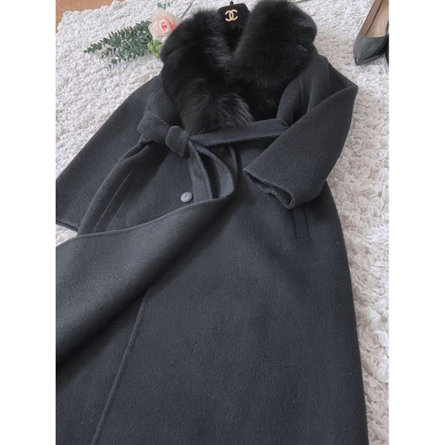 ヘルノ フォックスファー カシミヤ ベルテッド女優ロングコート38 ブラック HERNO 【30%OFF】