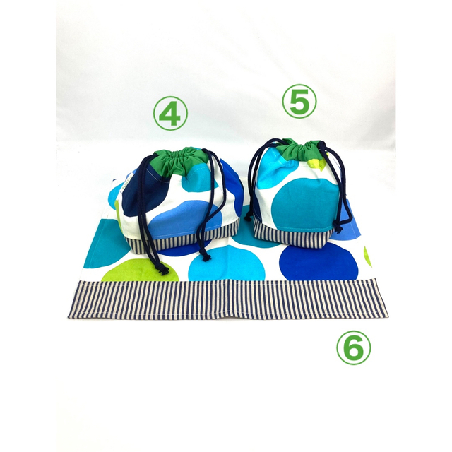レッスンバッグセット(6点セット)ブルー系水玉 ハンドメイドのキッズ/ベビー(バッグ/レッスンバッグ)の商品写真