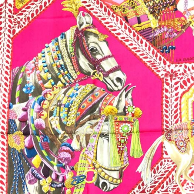 Hermes(エルメス)のエルメス カレジェアン 140 マールワーリ馬のダンス カシミヤ シルク ピンク レディースのファッション小物(ストール/パシュミナ)の商品写真