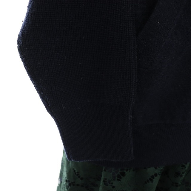 sacai luck(サカイラック)のサカイラック ニットドッキングワンピース ひざ丈 長袖 レース M 紺 緑 レディースのワンピース(ひざ丈ワンピース)の商品写真