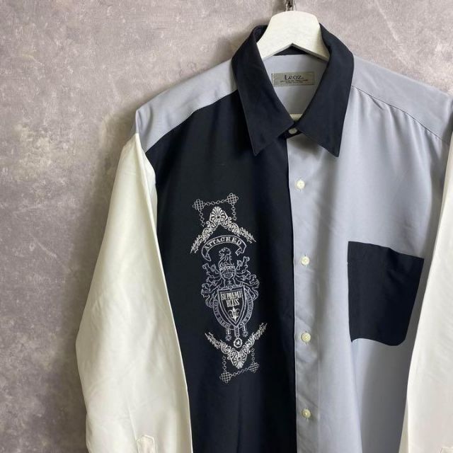 90s ヴィンテージモノクロ刺繍デザインシャツ レトロ 柄シャツ - シャツ