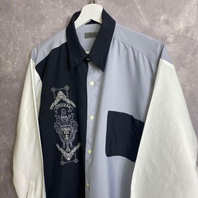 90s ヴィンテージモノクロ刺繍デザインシャツ レトロ 柄シャツ 3
