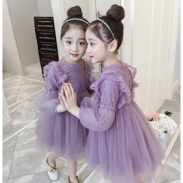 ♡ レースワンピース パープル ♡ 140 チュール おしゃれ かわいい 女の子 キッズ/ベビー/マタニティのキッズ服女の子用(90cm~)(ワンピース)の商品写真