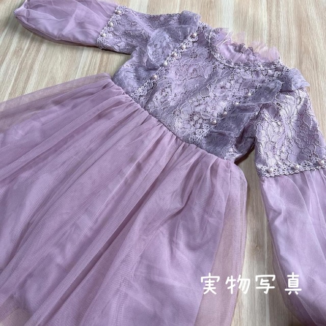 ♡ レースワンピース パープル ♡ 140 チュール おしゃれ かわいい 女の子 キッズ/ベビー/マタニティのキッズ服女の子用(90cm~)(ワンピース)の商品写真