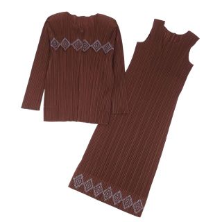 プリーツプリーズイッセイミヤケ(PLEATS PLEASE ISSEY MIYAKE)の美品 プリーツプリーズ イッセイミヤケ PLEATS PLEASE セットアップ スーツ カーディガン ノースリーブ ワンピース レディース カーディガン：3 ワンピース：2 ブラウン(スーツ)