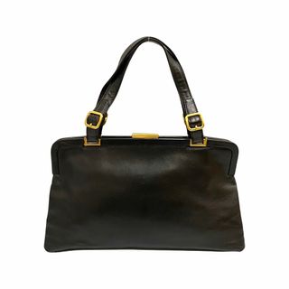 プラダ(PRADA)の極 美品 レア品 カード付 PRADA プラダ ロゴ 刻印 カーフレザー 本革 がま口 ハンドバッグ ミニ トートバッグ ブラウン 茶 13680(ハンドバッグ)