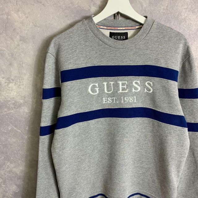 guess ゲス ボーダースウェット グレー 紫 L 刺繍ロゴ