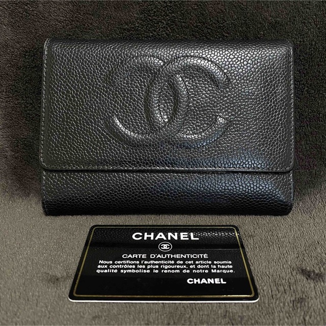 シャネル CHANEL キャビアスキンレザー 三つ折り財布 ココマーク 黒