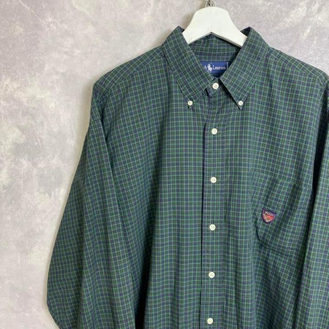 ラルフローレン 90s 長袖チェックシャツ 緑 グリーン ワンポイント