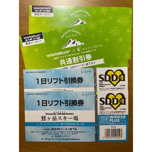鷲ヶ岳スキー場1日リフト引換券2枚(割引券付き)チケット
