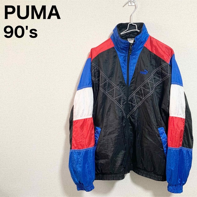 90s 古着】プーマ PUMA ナイロンジャケット 刺繍ロゴ マルチブルー L-