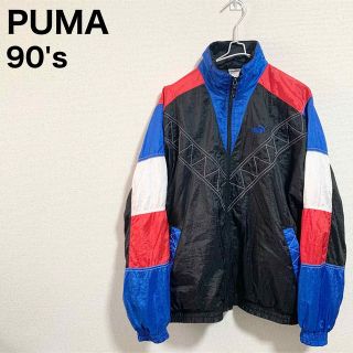 プーマ(PUMA)の90s PUMA ナイロンジャケット メンズL マルチカラー 刺繍ロゴ 黒 (ナイロンジャケット)